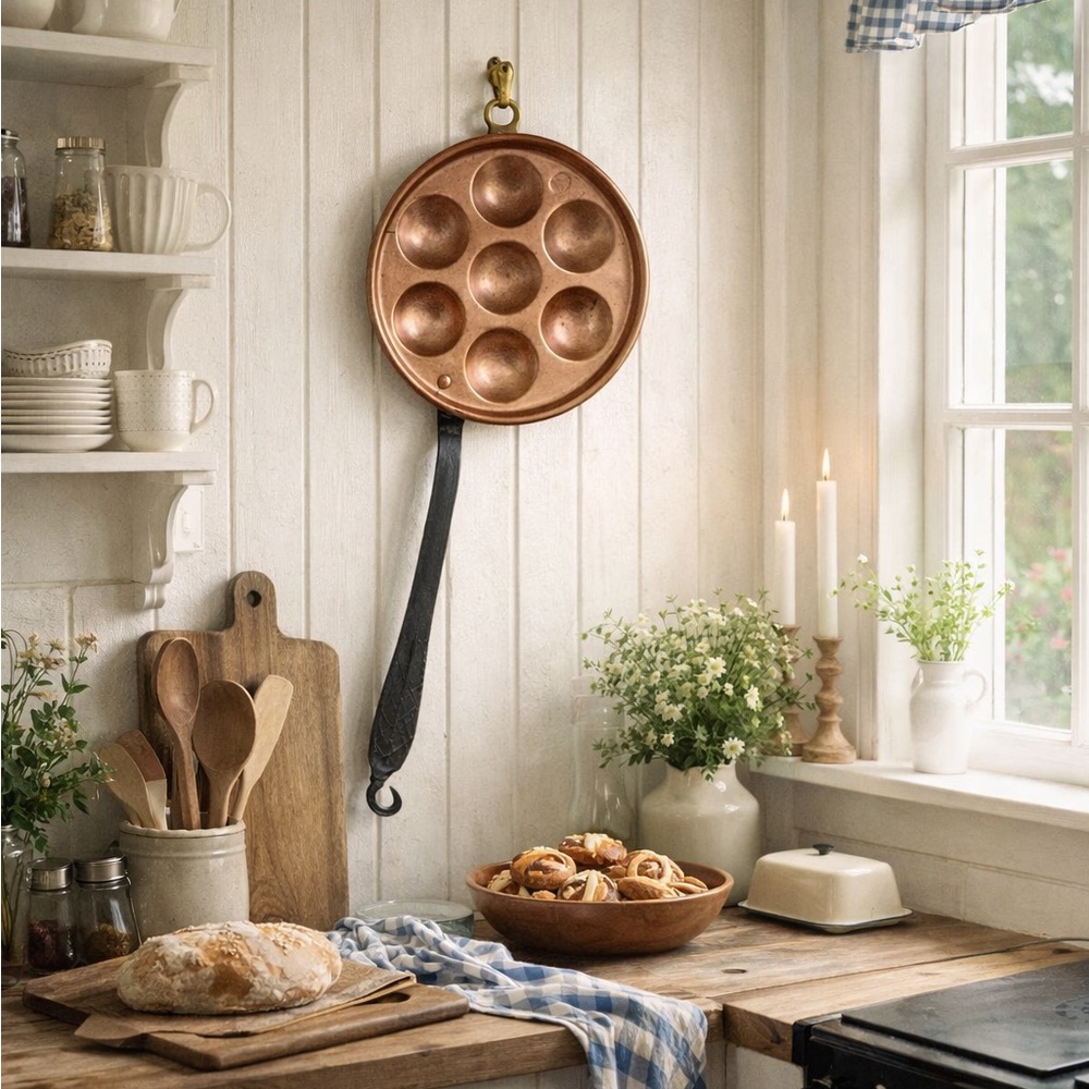 Vintage Danish Copper Aebleskiver Pan Hand Forged Scandinavian Kitchen Decor